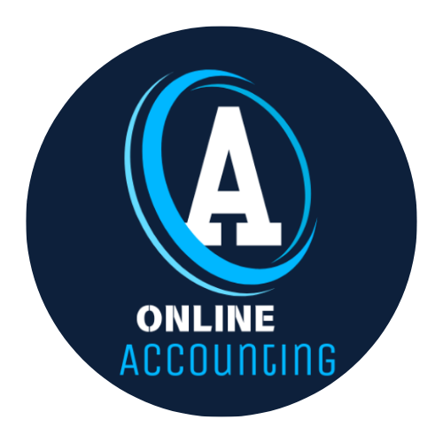 Лого на Онлайн Счетоводство – стилизирана буква А в синьо, заобиколена от два динамични полукръга, с надпис ONLINE ACCOUNTING“