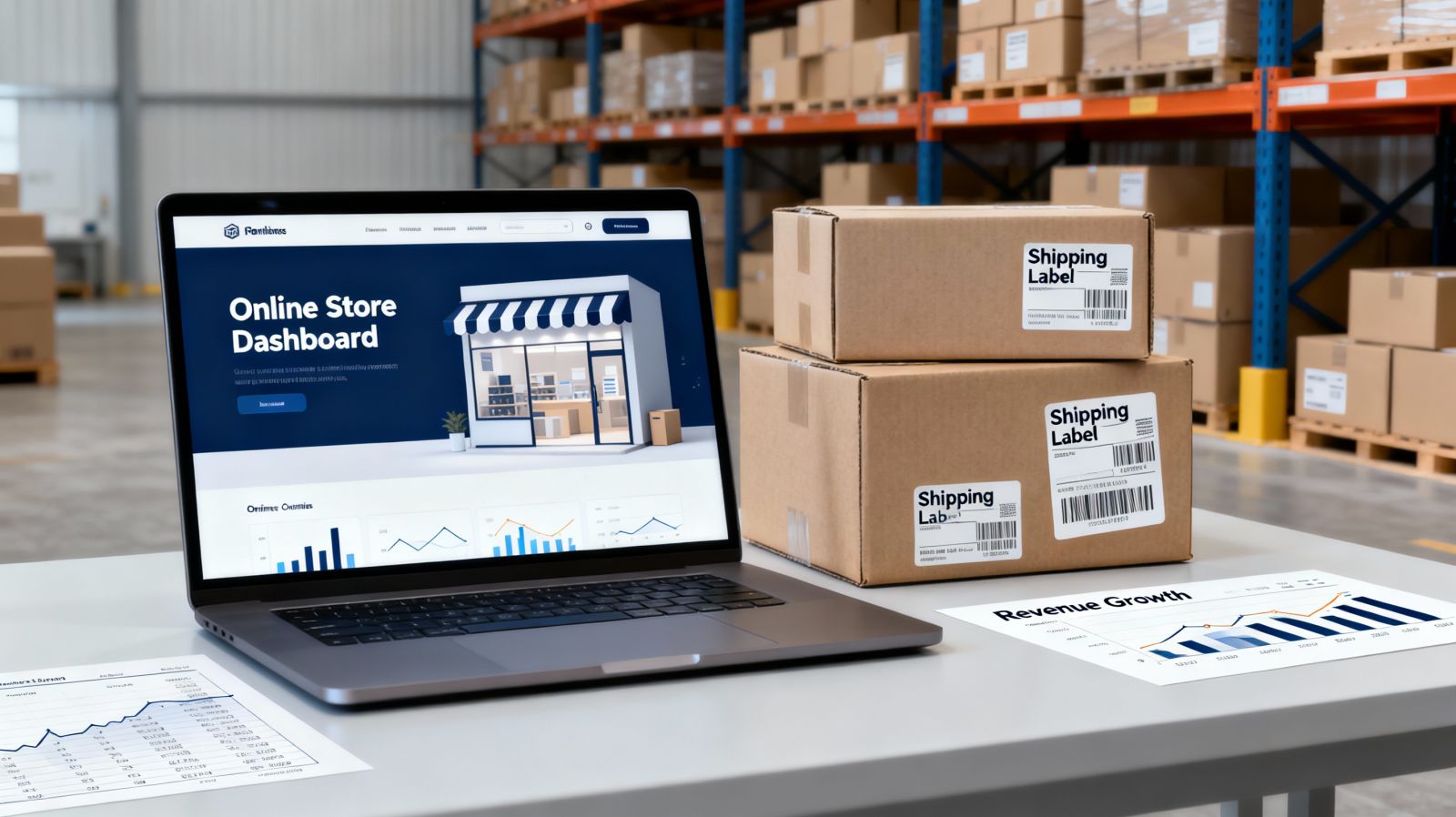 Онлайн търговец работи на лаптоп пред склад с кутии и баркодове – професионално счетоводство за е-комерс бизнес