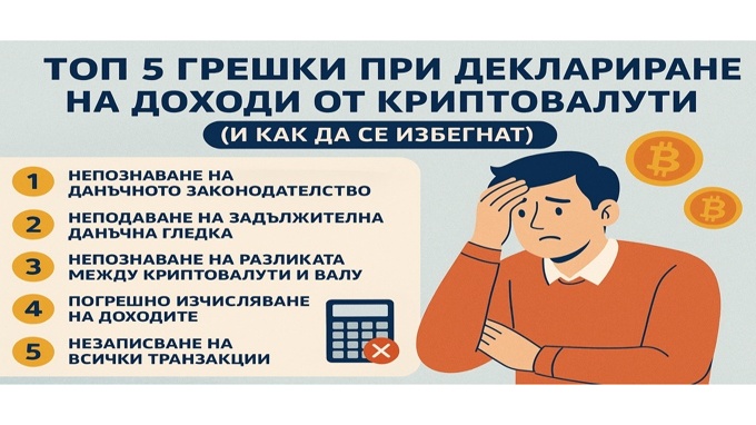 Топ 5 грешки при деклариране на доходи от криптовалути – инфографика с основни данъчни грешки и начини за избягването им